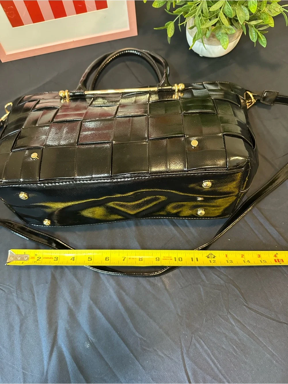 CATO Black Woven Satchel with Gold Accents and Crossbody Strap